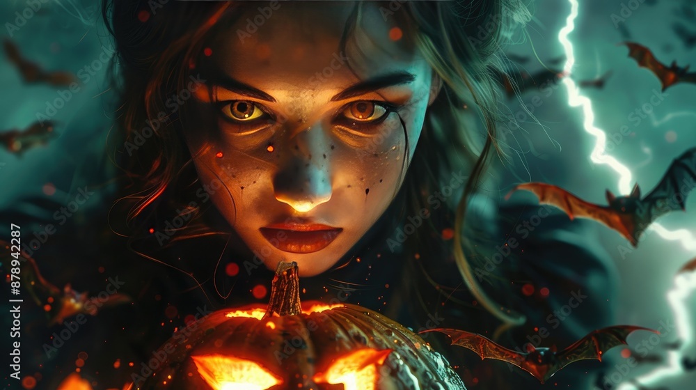 Spooky Halloween Portrait with Scary Pumpkin and Flying Bats in Storm Spooky Halloween Portrait with Scary Pumpkin and Flying Bats in Storm