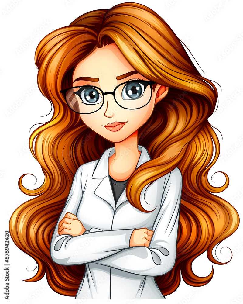 A woman with long hair and glasses is wearing a white lab coat. She is smiling and looking at the camera A woman with long hair and glasses is wearing a white lab coat. She is smiling and looking at the camera