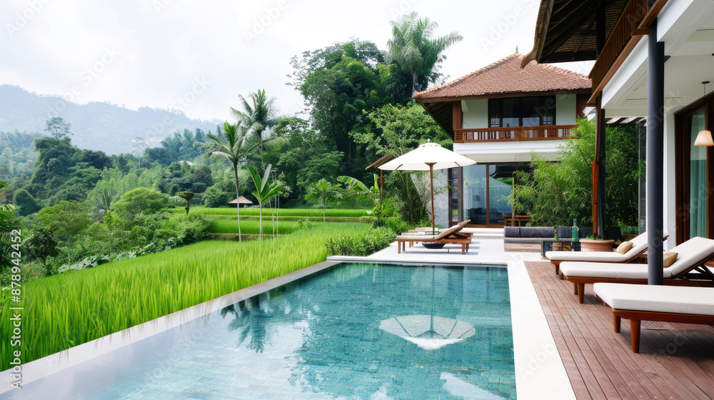 Fototapeta premium Hotel swimming pool accommodation by rice terrace for relax vacation