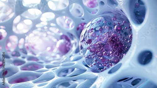 Futuristic Abstract Molecular Structure with Purple Spheres in a White Porous Network