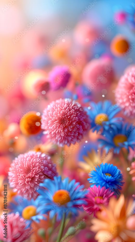 A colorful flower field with pink, blue, and orange flowers. The flowers are arranged in a way that creates a sense of movement and energy A colorful flower field with pink, blue, and orange flowers. The flowers are arranged in a way that creates a sense of movement and energy