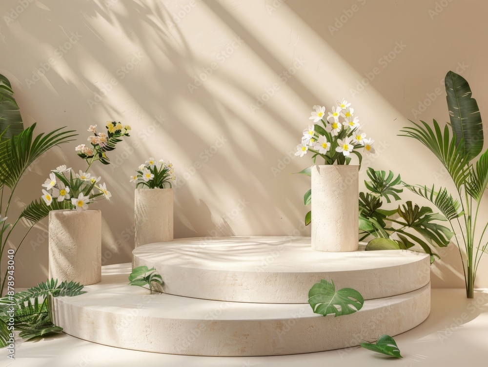 White Flower Arrangement with Two-Tiered Stone Platform White Flower Arrangement with Two-Tiered Stone Platform