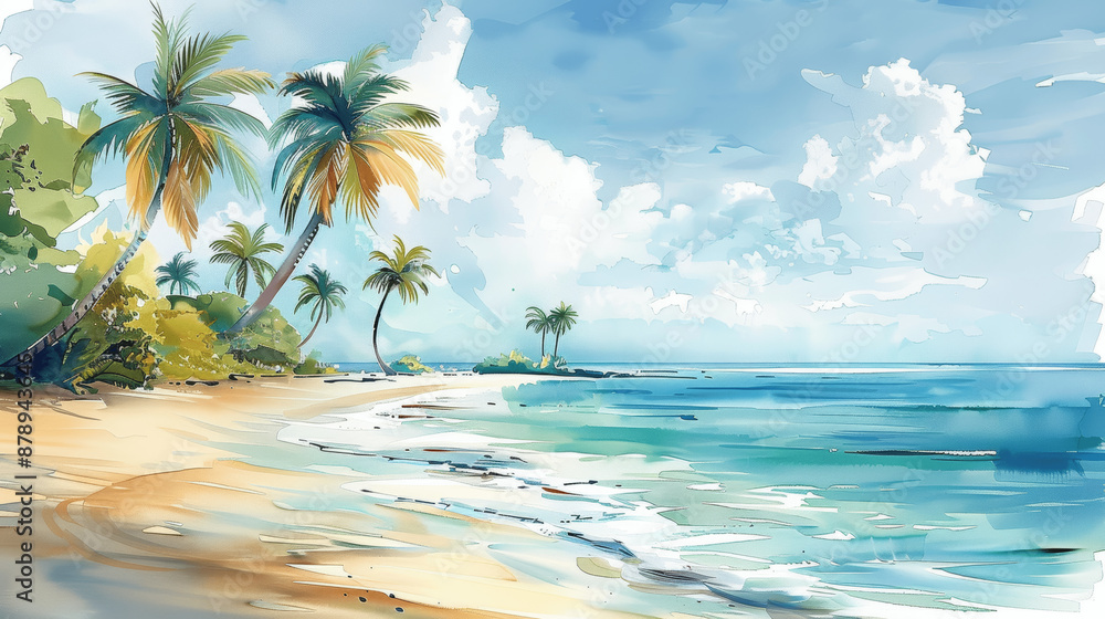 Obraz premium Watercolor Tropical Beach Sunset with Palm Trees, Vacation Illustration, Coastal Landscape Design for T-shirt