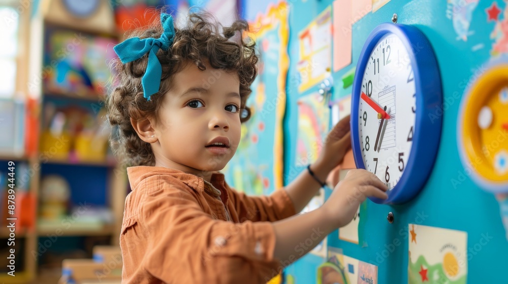 Child learning to tell time on a large educational clock in a classroom ...