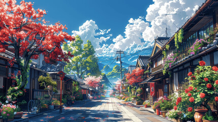charming small town street in japan picturesque anime art traditional architecture sunny day detailed vibrant colors cozy atmosphere beautiful vibrant