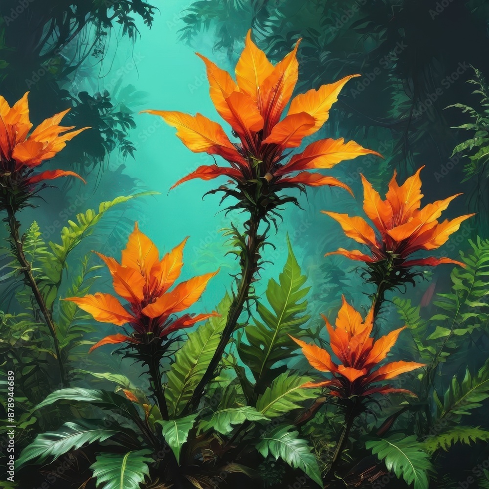 Tropical Orange Flower in a Lush Jungle. Tropical Orange Flower in a Lush Jungle.