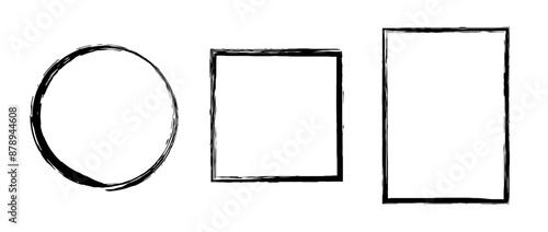 Grunge circle, square, rectangle frame set. Round and rectangular paint brush border collection. Black chalk or ink uneven stroke elements for design, banner, poster, flyer, brochure, cover. Vector