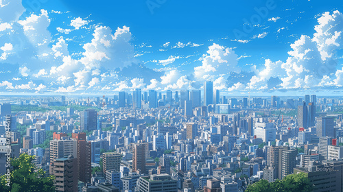 beautiful tokyo cityscape skyline with skyscrapers urban buildings blue sky daytime anime art high detail wallpaper background illustration japanese metropolis travel
