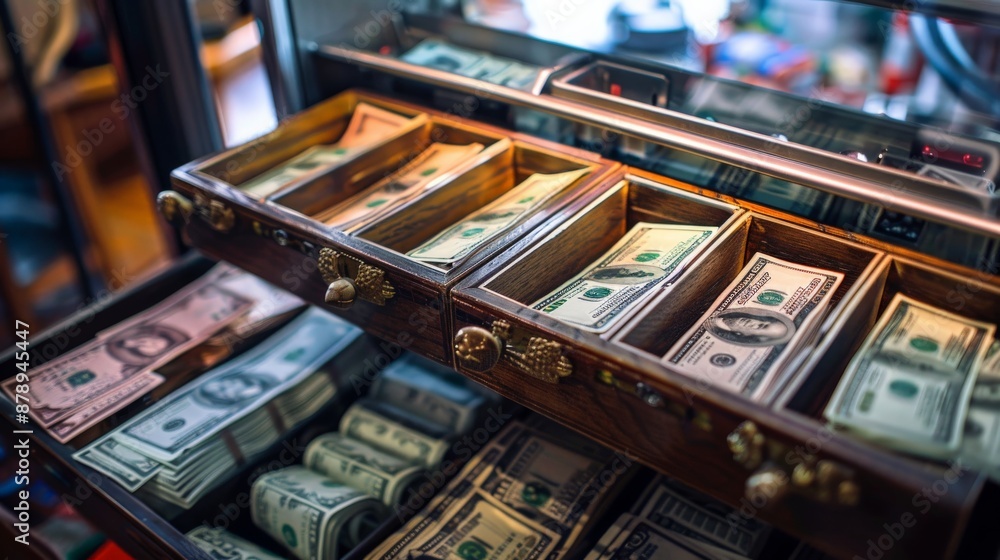 Cash register drawer open with money sorted in compartments during a busy sale Cash register drawer open with money sorted in compartments during a busy sale