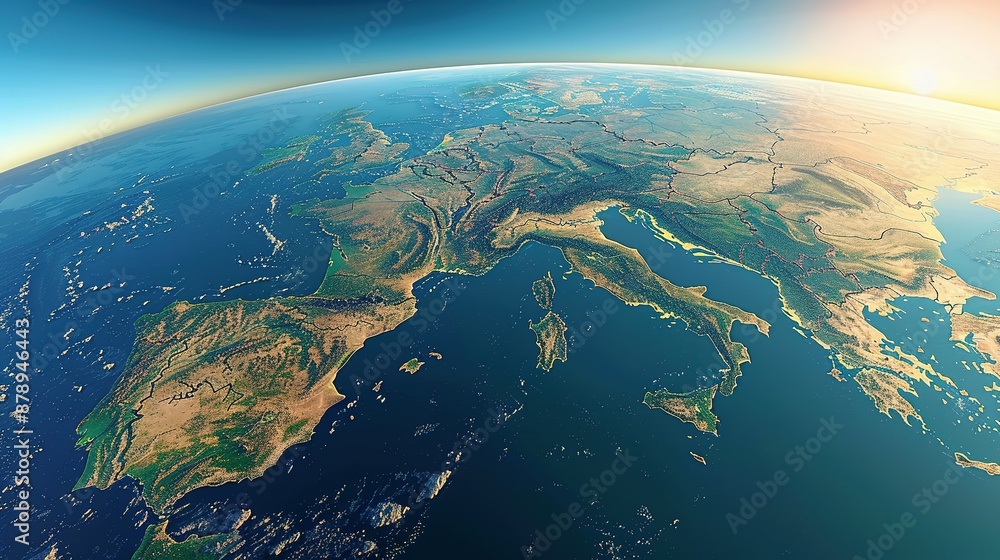 Physical map of Planet Earth, centered on the Mediterranean Sea. Satellite view of Southern Europe and North Africa with the sun shining on the horizon. 3D illustration. Physical map of Planet Earth, centered on the Mediterranean Sea. Satellite view of Southern Europe and North Africa with the sun shining on the horizon. 3D illustration.
