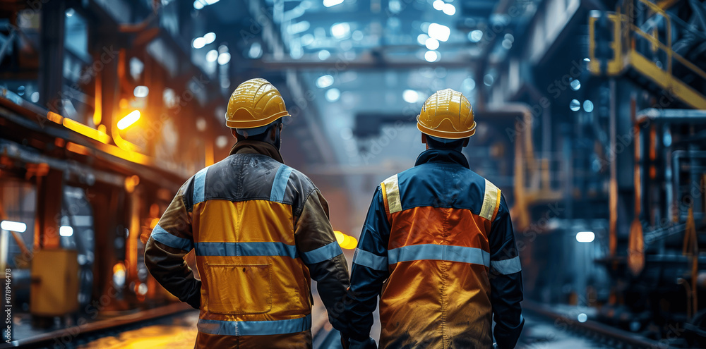 Two Industrial Workers in Hardhats Walking Through Steel Factory in Safety Gear Two Industrial Workers in Hardhats Walking Through Steel Factory in Safety Gear