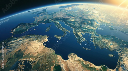Physical map of Planet Earth, centered on the Mediterranean Sea. Satellite view of Southern Europe and North Africa with the sun shining on the horizon. 3D illustration.