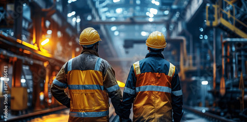 Two Industrial Workers in Hardhats Walking Through Steel Factory in Safety Gear