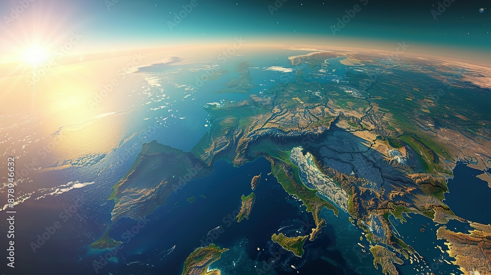 Physical map of Planet Earth, centered on the Mediterranean Sea. Satellite view of Southern Europe and North Africa with the sun shining on the horizon. 3D illustration. Physical map of Planet Earth, centered on the Mediterranean Sea. Satellite view of Southern Europe and North Africa with the sun shining on the horizon. 3D illustration.