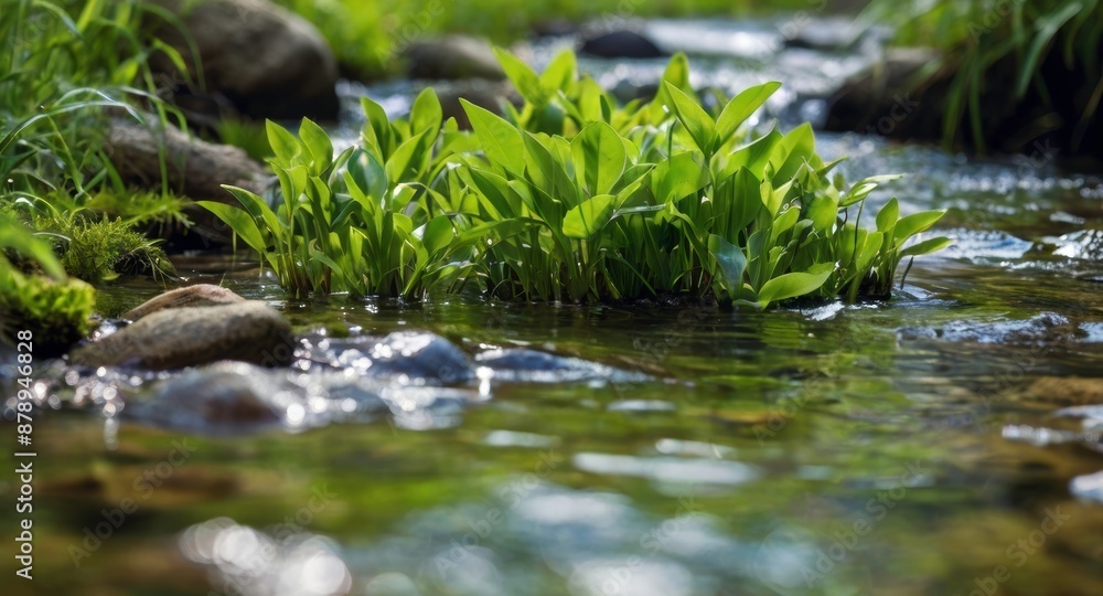Beautiful spring detailed close up stream of fresh water with young green plants. Horizontal banner, springtime concept. Abstract outdoor wild nature background Beautiful spring detailed close up stream of fresh water with young green plants. Horizontal banner, springtime concept. Abstract outdoor wild nature background