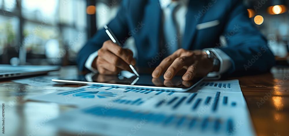 Two businessmen collaborating at office table, using digital devices for project planning and discussion Two businessmen collaborating at office table, using digital devices for project planning and discussion