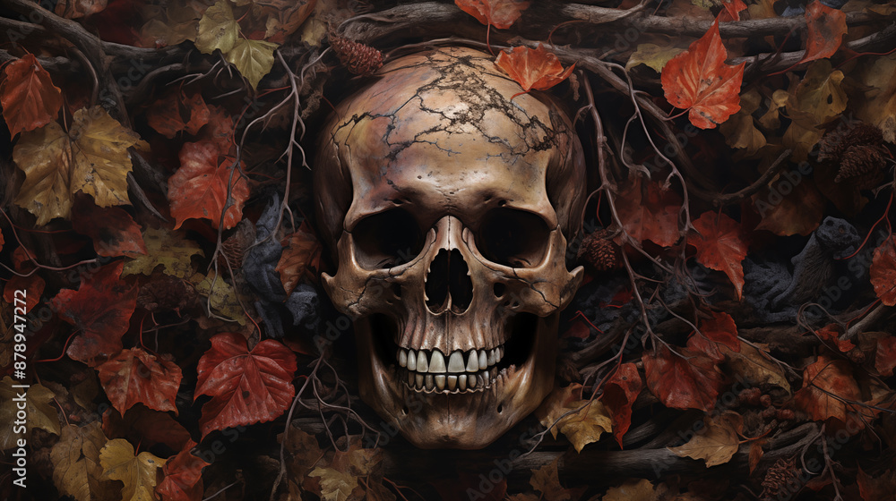 Skull with a cracked surface, surrounded by autumn leaves and twigs in forest . Halloween background . Skull with a cracked surface, surrounded by autumn leaves and twigs in forest . Halloween background .