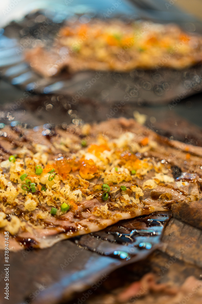 Grilled wagyu beef on oba leaves. Selective focus Grilled wagyu beef on oba leaves. Selective focus