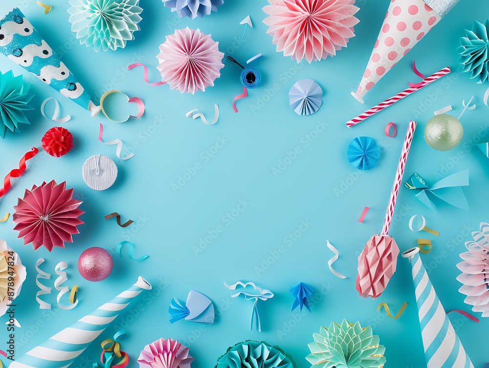 Party accessories on a blue background, top view with plenty of room for text. Party accessories on a blue background, top view with plenty of room for text.