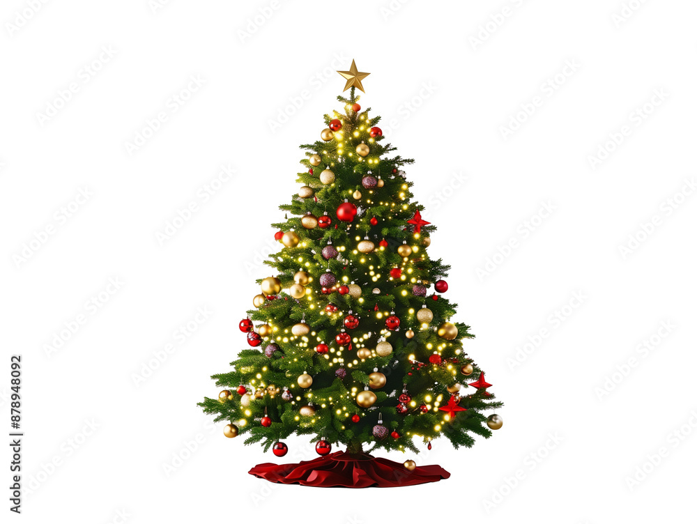 Decorated Christmas tree, with lights. Isolated, on transparent background Decorated Christmas tree, with lights. Isolated, on transparent background