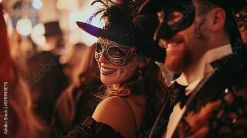 A Halloween masquerade ball with elegant costumes, masks, and a spooky atmosphere. photo