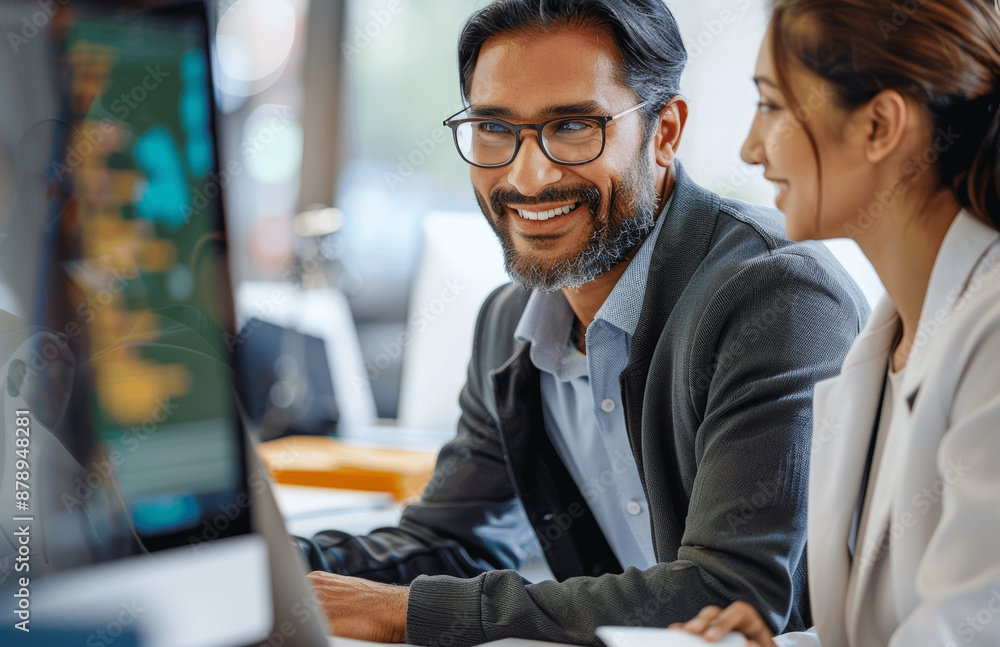Happy Businessman and Businesswoman Working Together on Computer in Office, Smiling and Discussing Project Happy Businessman and Businesswoman Working Together on Computer in Office, Smiling and Discussing Project