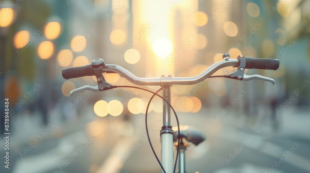 A close-up shot of a bicycle handlebar with a blurred city street and sunlit bokeh background, capturing the essence of urban cycling. A close-up shot of a bicycle handlebar with a blurred city street and sunlit bokeh background, capturing the essence of urban cycling.