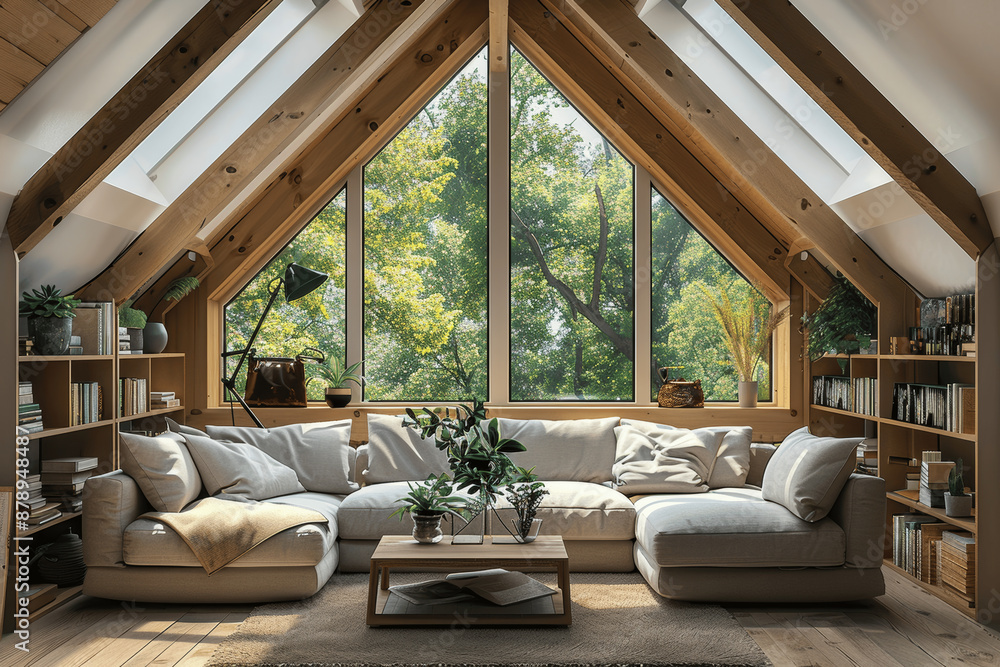 Scandinavian style attic living room with skylights, natural fabric sofa, wooden shelves, rustic coffee table, plants, cozy atmosphere, minimalist decor, nature views Scandinavian style attic living room with skylights, natural fabric sofa, wooden shelves, rustic coffee table, plants, cozy atmosphere, minimalist decor, nature views