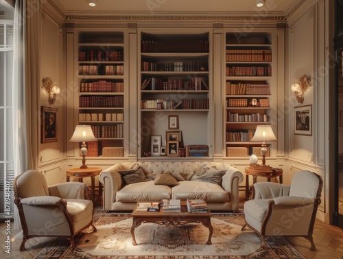 Cozy living room with vintage touches, soft lighting, and bookshelves © Vichit Barry