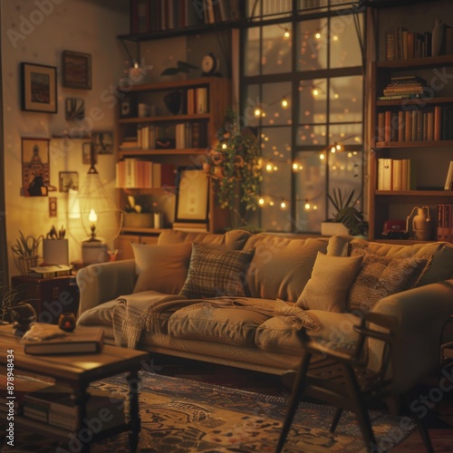 Cozy living room with vintage touches, warm lighting, and a comfy atmosphere