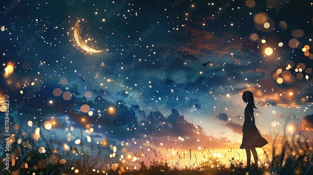 Girl Gazing at a Starry Night Sky Girl Gazing at a Starry Night Sky