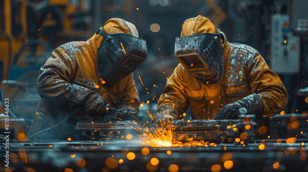 welding workers in protective gear performing arc welding in an industrial factory workshop welding workers in protective gear performing arc welding in an industrial factory workshop