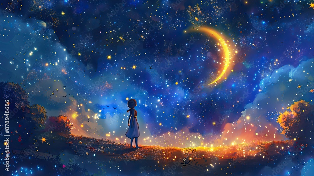 Night Sky Wonder: Girl Gazing at the Crescent Moon Night Sky Wonder: Girl Gazing at the Crescent Moon