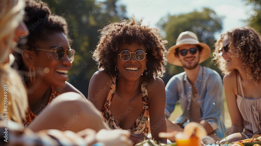 Ultra-sharp photograph of a group of multiracial friends in their 20s enjoying a picnic in a park on a sunny day Ultra-sharp photograph of a group of multiracial friends in their 20s enjoying a picnic in a park on a sunny day