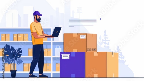 Illustration of a warehouse worker using a laptop to manage inventory, surrounded by boxes and storage shelves in a warehouse setting.