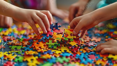 Hands of kids assembling a jigsaw puzzle, problem-solving and teamwork
