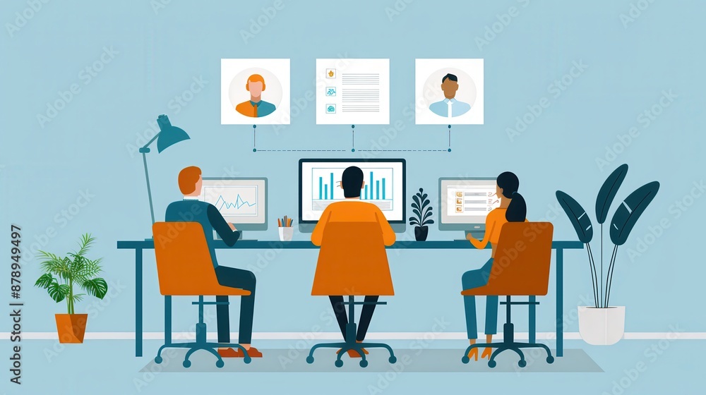 Illustration of a team working at office desks, analyzing profiles on computers, with plants and office supplies around. Illustration of a team working at office desks, analyzing profiles on computers, with plants and office supplies around.