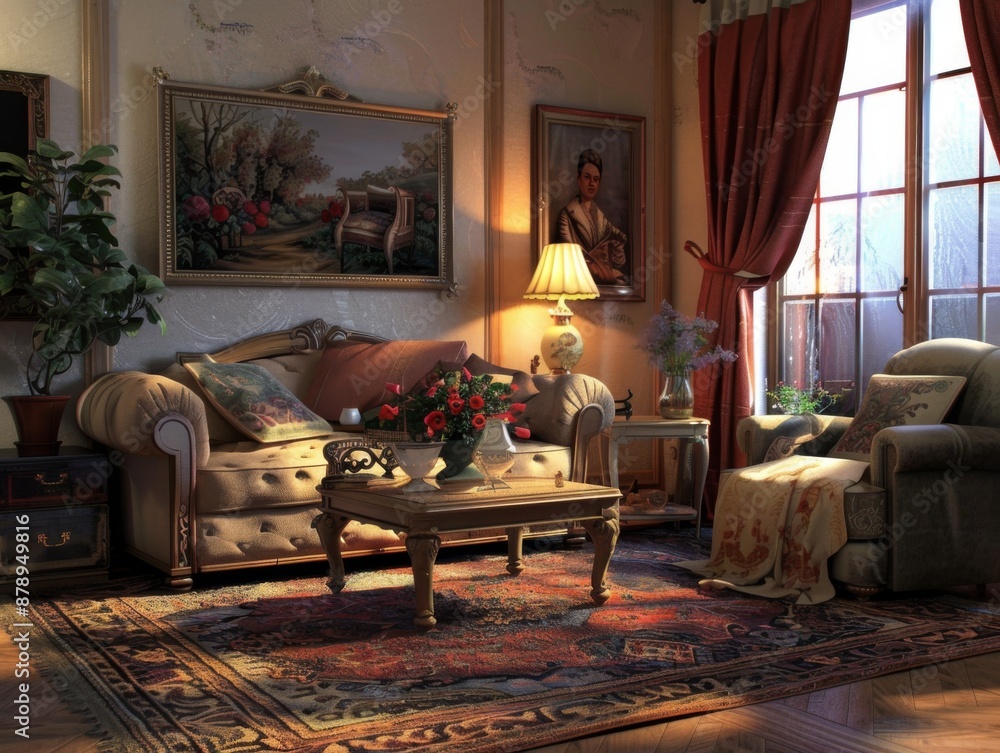 Fototapeta premium Warm living room with vintage decor and soft lighting