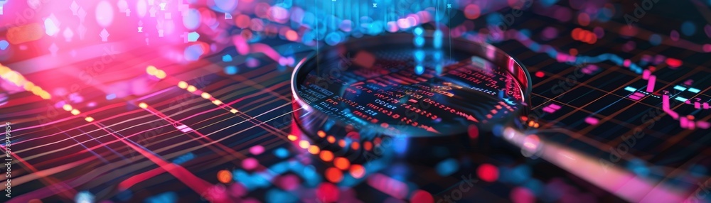 Obraz premium Magnifying glass focusing on digital data with a vibrant, high-tech background featuring colorful lights and graphs.