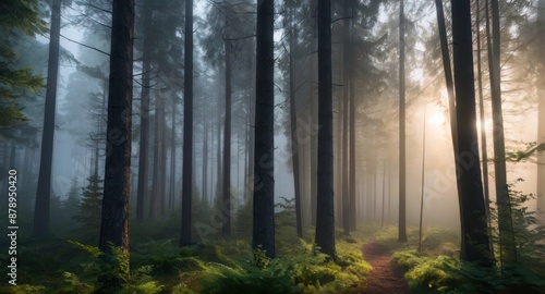 Trees in the fog. The smoke in the forest in the morning. A misty morning among the trees. 3D rendering