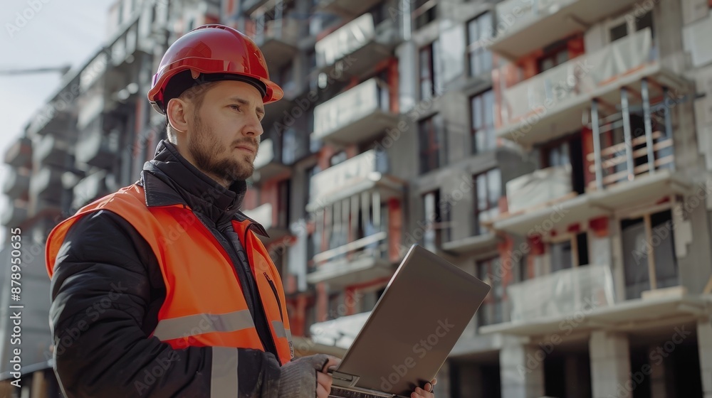 A construction worker in safety gear uses a laptop to inspect a building site in an urban area, ensuring project progress and safety. A construction worker in safety gear uses a laptop to inspect a building site in an urban area, ensuring project progress and safety.