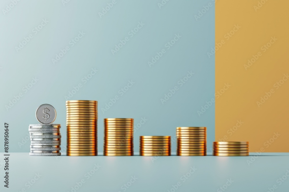 Stacks of gold and silver coins arranged to show financial growth and decline, set against a blue and yellow background. Stacks of gold and silver coins arranged to show financial growth and decline, set against a blue and yellow background.