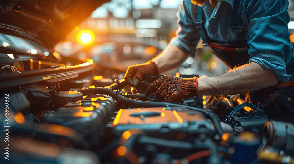 Car Mechanic Repairing Engine Electric Battery Maintenance Check Electrical System Hands Sunlight Auto Workshop Car Mechanic Repairing Engine Electric Battery Maintenance Check Electrical System Hands Sunlight Auto Workshop