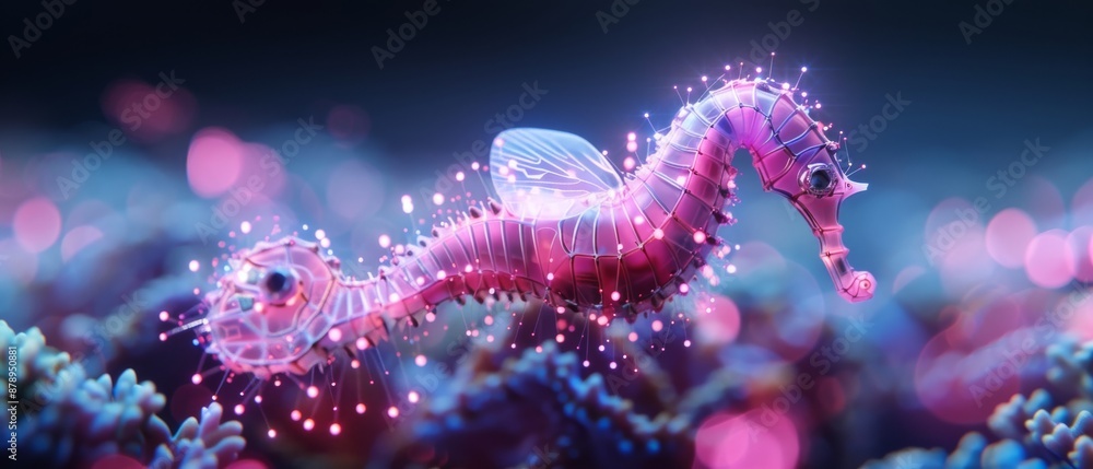 Fototapeta premium A vibrant, glowing seahorse swimming gracefully among colorful coral in an enchanting underwater scene, illuminated by bioluminescent light.