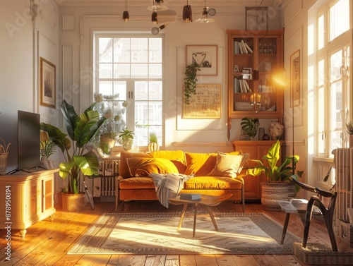 Warmlylit vintage living room with a comfy couch and stylish decor