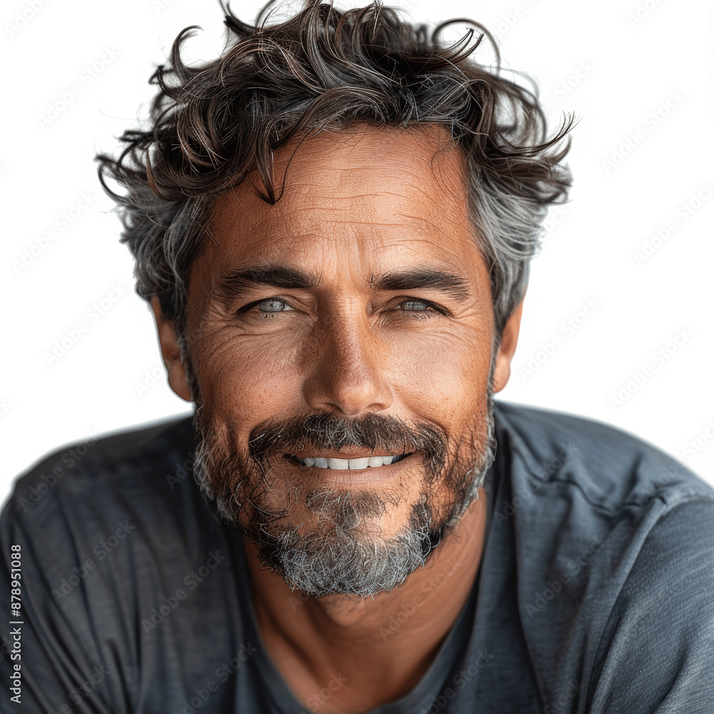 Portrait of Happy Grey-Haired Middle Aged Man with Goatee Smiling and Showing Clean Teeth Wearing Casual T-Shirt Isolated on White Background Portrait of Happy Grey-Haired Middle Aged Man with Goatee Smiling and Showing Clean Teeth Wearing Casual T-Shirt Isolated on White Background