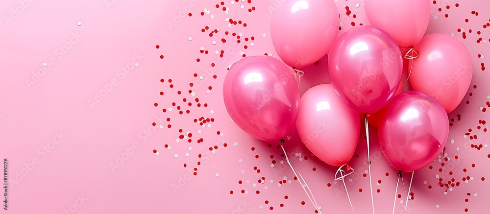 Pink background with balloons and confetti for a celebration or party, shown from above. Text space included. Pink background with balloons and confetti for a celebration or party, shown from above. Text space included.