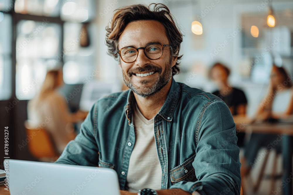 Fototapeta premium Smiling Entrepreneur Working on Laptop in Modern Office with Team