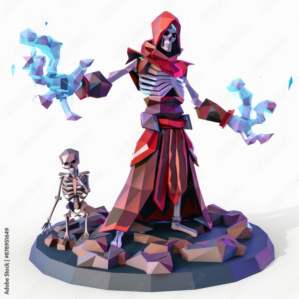 3D Render, Low Poly style of a necromancer summoning skeletons, on isolated white background, Generative AI 3D Render, Low Poly style of a necromancer summoning skeletons, on isolated white background, Generative AI