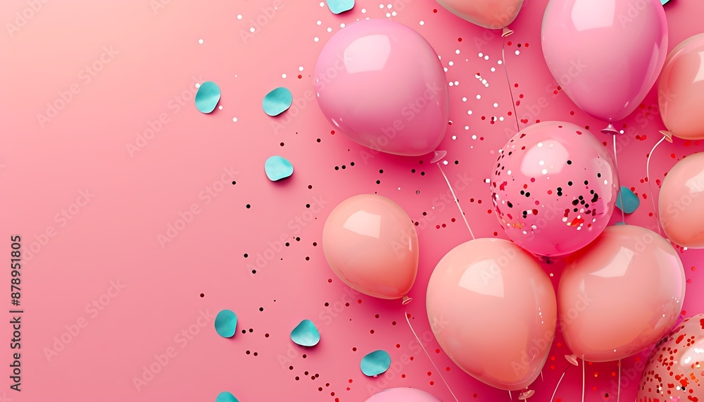 Pink festive background with scattered balloons and confetti for a celebration or party, top view, with text space. Pink festive background with scattered balloons and confetti for a celebration or party, top view, with text space.